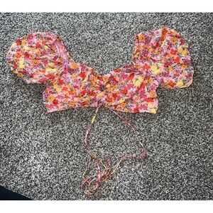 Wild Fable Puff Sleeve Keyhole Lace up Back pink Floral Bra Crop Top Size Medium